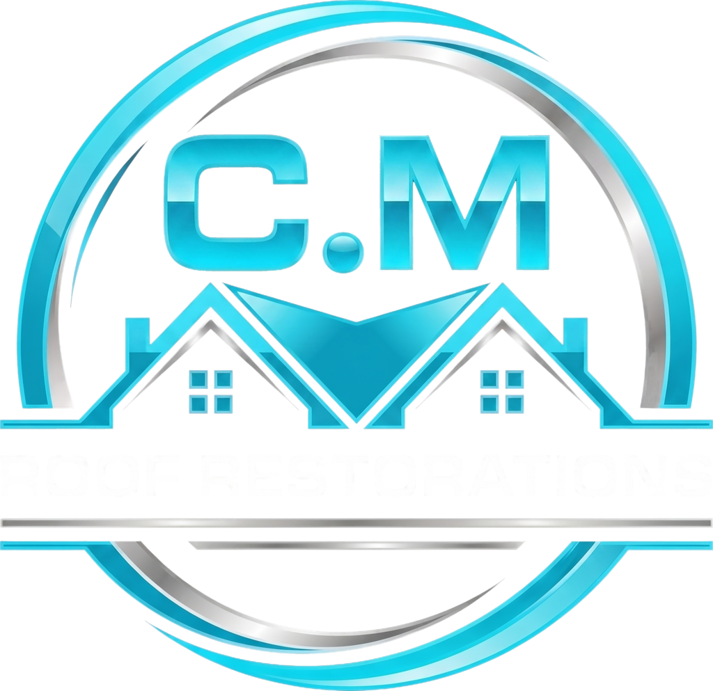 Blue CM Roof Restoration logo with houses and circle
